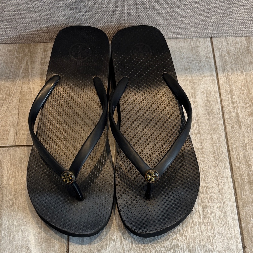 Tory Burch Black Wedge Flip Flops, Size 9